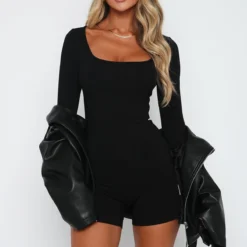 Under My Spell Long Sleeve Playsuit Black -Outlet Poise Nest Store 14.4.2315430
