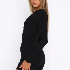 Free Your Mind Long Sleeve Ribbed Playsuit Black -Outlet Poise Nest Store 15.12.2218199