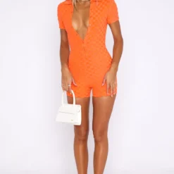 Throw It Back Playsuit Orange Check -Outlet Poise Nest Store 16.06.22 186