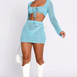 I Was Here Long Sleeve Crochet Crop Blue -Outlet Poise Nest Store 19.01.231522