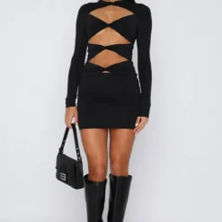 Half Of Me Long Sleeve Mini Dress Black -Outlet Poise Nest Store 20.07.23 242279