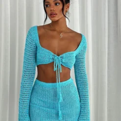 I Was Here Long Sleeve Crochet Crop Blue