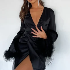 First Pick Wrap Long Sleeve Mini Dress Black -Outlet Poise Nest Store FIRST PICK WRAP LONG SLEEVE MINI DRESS 300822 07