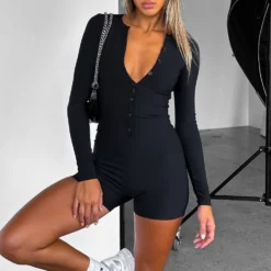Free Your Mind Long Sleeve Ribbed Playsuit Black -Outlet Poise Nest Store IMG 1025