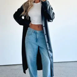 Rainy Day PU Trench Coat Black -Outlet Poise Nest Store IMG 4227 scaled