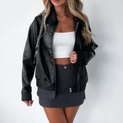 Make Things Right PU Bomber Jacket Black -Outlet Poise Nest Store IMG 4710
