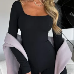 Under My Spell Long Sleeve Playsuit Black -Outlet Poise Nest Store IMG 7076