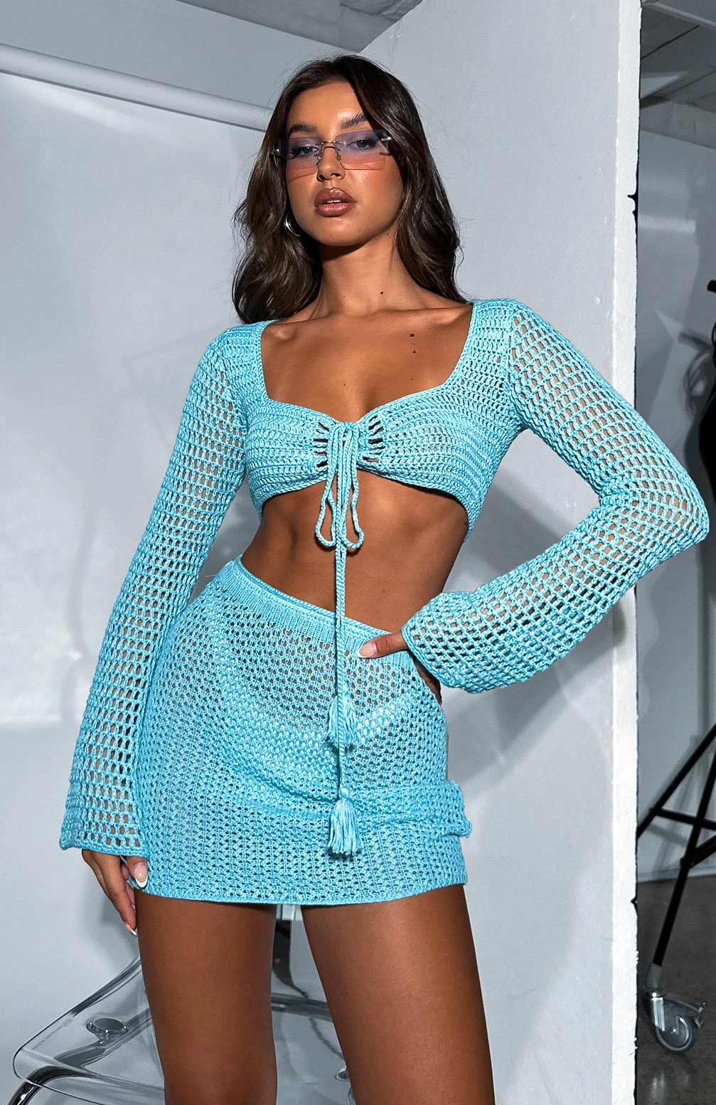 I Was Here Long Sleeve Crochet Crop Blue - Image 6