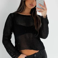 Mixed Emotions Long Sleeve Crochet Top Black