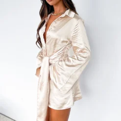 Night Out Long Sleeve Mini Dress Champagne -Outlet Poise Nest Store NIGHT OUT LONG SLEEVE DRESS 23.02.23 008