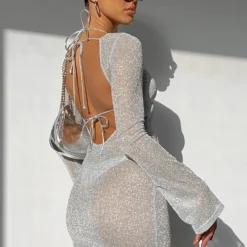 Rain On Me Long Sleeve Mini Dress Silver