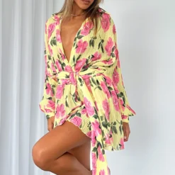 You Drive Me Crazy Long Sleeve Mini Dress Lemon Rose