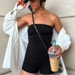 Island Ribbed Playsuit Black