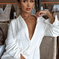 Feels Like A Holiday Shirt Dress White -Outlet Poise Nest Store trsha2