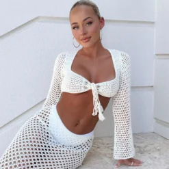 I Was Here Long Sleeve Crochet Crop Off White